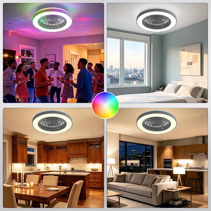 Depuley RGB Ceiling Fan with Light: 19" Enclosed Low Profile Flush Mount LED Ceiling Fans with Remote Control - Modern White Bladeless Fandelier Dimmable Quiet DC Motor for Bedroom KTV Room