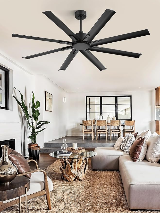 ZMISHIBO 65 Inch No Light, Large Industrial Ceiling Fan with 8 Aluminium Blades, Quiet DC Motor, 6 Speeds, Modern Ceiling Fan without Light for Garage/shop/living room,Black
