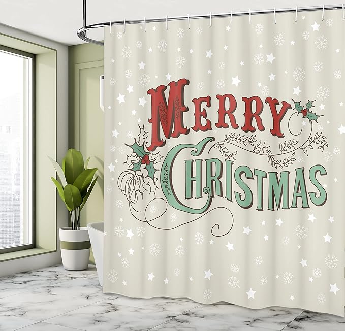 Ambesonne Christmas Shower Curtain, Xmas Stars and Snowflakes Backdrop with Stylized Retro Lettering, Fabric Bathroom Decor Set with Hooks, 69" W x 70" L, Eggshell Sea Green Ruby