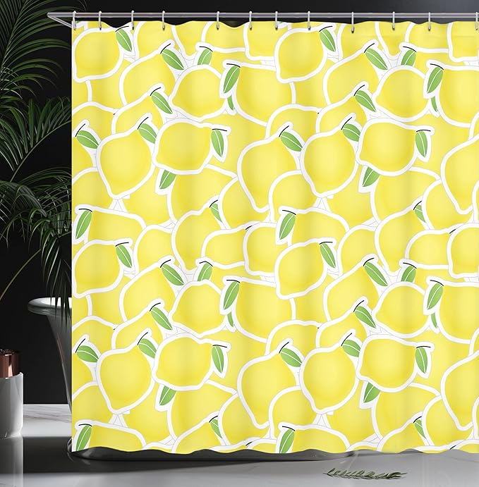 Ambesonne Yellow Shower Curtain, Bunch of Lemons Summer Citrus and Forms Nature Artprint Illustration in Paper Cutout Style, Cloth Fabric Bathroom Decor Set with Hooks, 69" W x 84" L, Green and Yellow