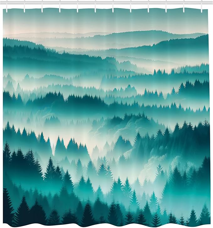 Ambesonne Turquoise Shower Curtain, Green Tones Misty Woodland Scenery Featuring Mountain Range Landscape, Cloth Fabric Bathroom Decor Set with Hooks, 69" W x 75" L, Dark Seafoam Dark Teal