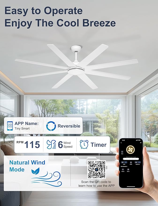 72'' White Large Ceiling Fan No Lights for Indoor/Covered Outdoor | Remote/APP Control, 7138 CFM Airflow, Quiet DC Motor, Reversible Airflow, 8 Blades Modern Overhead Fan for Patio, Shop