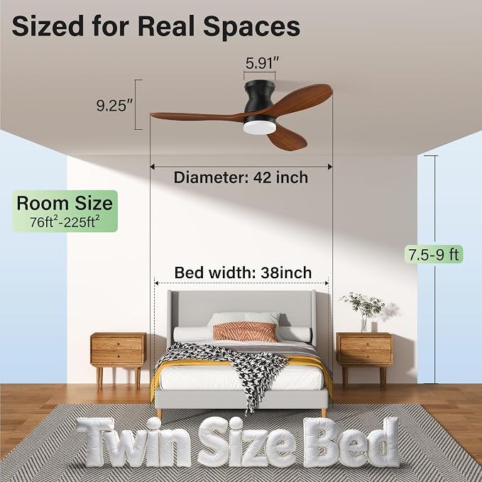 42 Inch Wood Ceiling Fans with Lights Remote,Smart Control via Alexa,APP,Quiet DC Motor,Dimmable,Outdoor Indoor, Flush Mount Hugger Modern Ceiling Fan for Low Profile Bedroom,Patio,Walnut Brown& Black