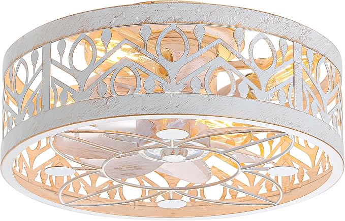 ZYD Caged Ceiling Fan with Light, 16.5" Rust White Bedroom Ceiling Fans, Caged Ceiling Fan with Light Flush Mount, Low Profile Ceiling Flush Mount Fans for Home Art