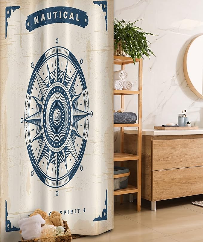 Ambesonne Compass Stall Shower Curtain, Compass Illustration with Lettering Nautical Ocean Adventure Themed Print, Fabric Bathroom Decor Set with Hooks, 36" W x 72" L, Night Blue