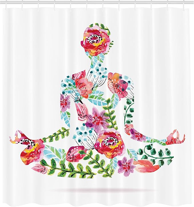 Ambesonne Yoga Shower Curtain, Colorful Yoga Pose Floral Human Leaf Meditating Spring Wellness Vibrant Colors Namaste, Cloth Fabric Bathroom Decor Set with Hooks, 69" W x 75" L, Pink Blue