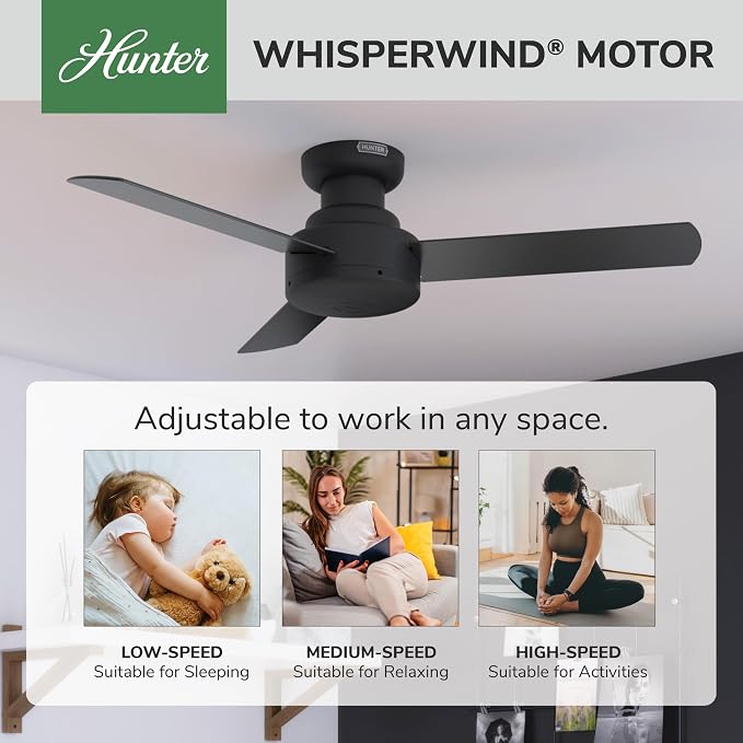 Hunter Presto, Indoor, Ceiling Fan, No Light, Modern, 44 inch, Matte Black | Low Profile Mount, Wall Control, 3 Blades, For Bedroom, Living Room, Kitchen, 52401