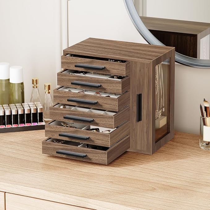 HOOBRO Jewelry Box for Women, Jewelry Organizer Box, 6-Tier Wooden Jewelry Box, Jewelry Case with Side Transparent Window, for Earring, Necklace, Bracelet, Walnut and Black BH12JB04