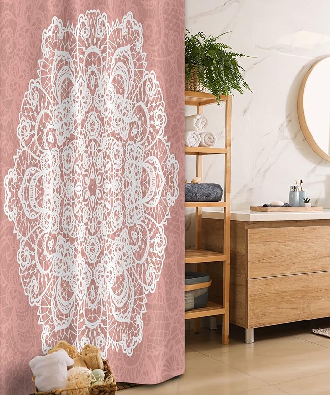 Ambesonne Mandala Stall Shower Curtain, Lace Style of Vector Mandala with The Vintage and Abstract Theme Floral Ornamental, Fabric Bathroom Decor Set with Hooks, 36" W x 72" L, Dried Rose White