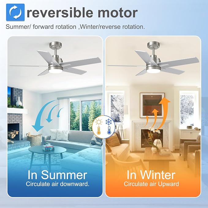42 Inch Brushed Nickel Ceiling Fan with Light and Remote Control,Dimmable 3 Color Temperatures LED Ceiling Fan,6 Speeds Reversible DC Motor,5 Blades Modern Ceiling Fans for Indoor or Covered Outdoor