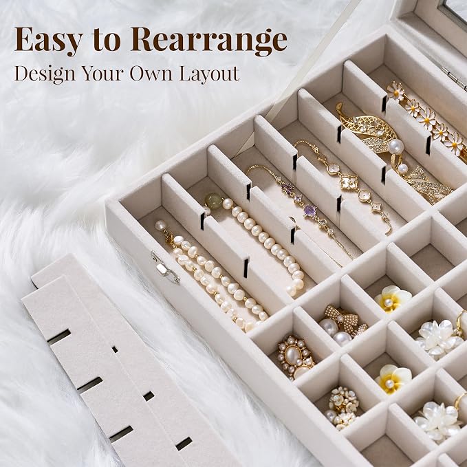 48 Grid Earring Organizer and Storage: Velvet Jewelry Tray with Lid, Jewelry Box for Studs, Earrings, Rings, Necklaces, Dresser & Vanity, Earrings Case for Girls, Women, 13"x8.6"x2.4", Beige