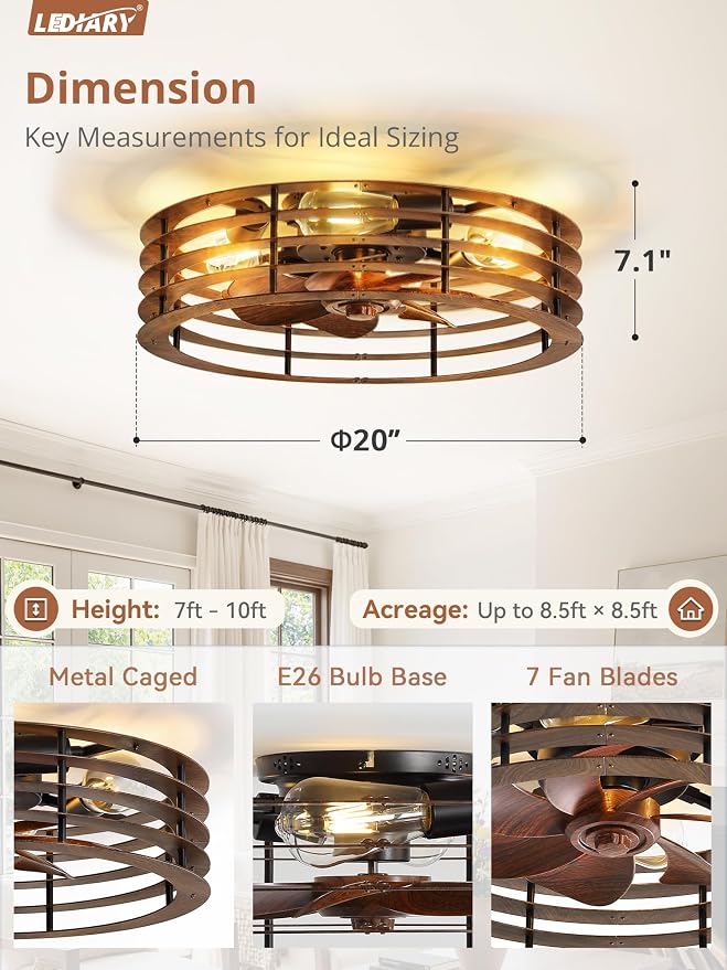 LEDIARY 20" Flush Mount Caged Ceiling Fan with Light, Low Profile Ceiling Fans with Light and Remote, 6 Speed & Reversible, Farmhouse Enclosed Fan Lights for Bedroom, Kitchen, Living Room