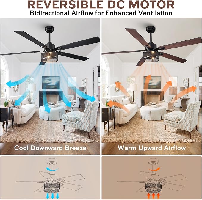 60 Inch Farmhouse Ceiling Fans with Lights, Rustic Ceiling Fan with Remote and APP Control, 5 Dual Finish Blades, 6-Speed Quiet Reversible DC Motor with Timer for Kitchen Living Room Patio