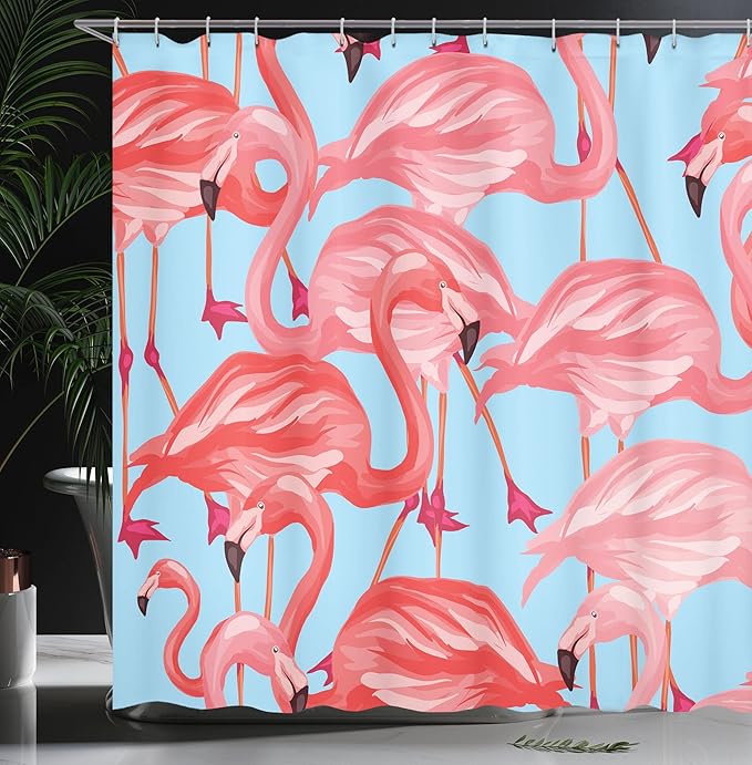 Ambesonne Flamingo Shower Curtain, Tropical Birds Pattern Flamingos Colorful Exotic Animal Nature Artwork, Cloth Fabric Bathroom Decor Set with Hooks, 69" W x 75" L, Blue Coral
