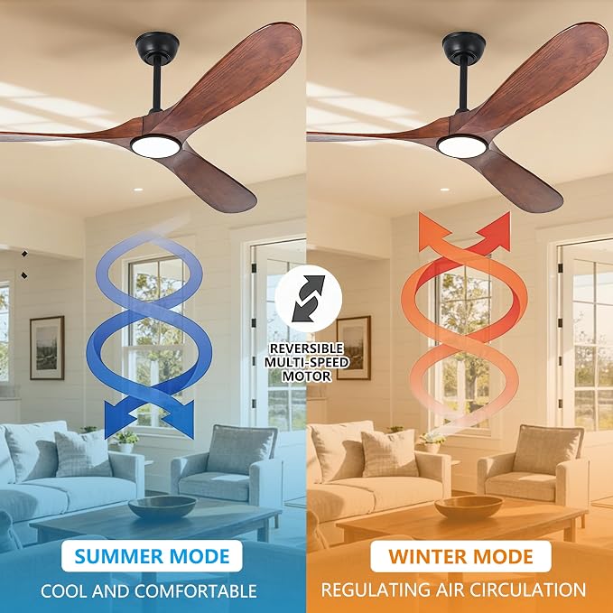 60 Inch Ceiling Fan with Light and Remote, Wood Outdoor Ceiling Fan with Light for Patios Gazebo Living Room Bedroom Modern 3 Blade High CFM Wet Rated Indoor Exterior Fan (Walnut)