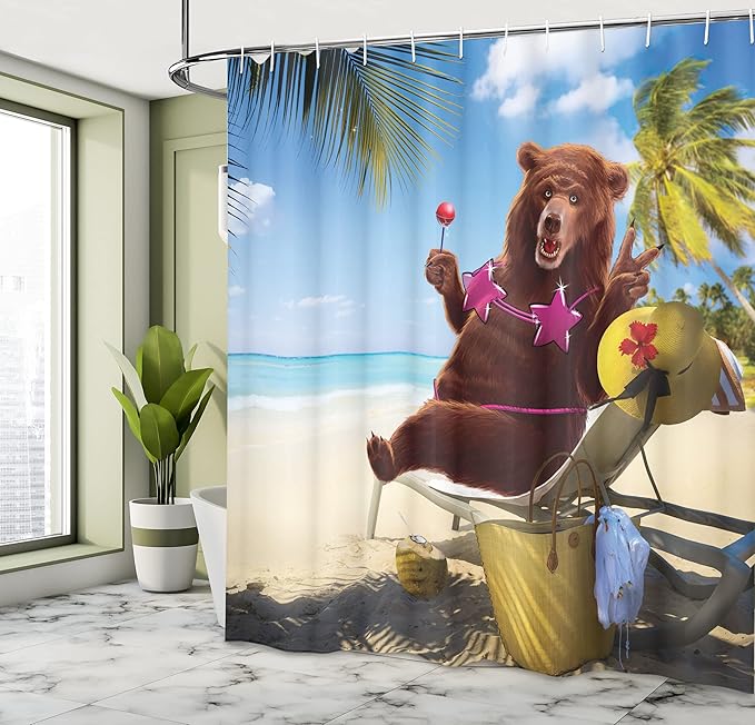 Ambesonne Animal Shower Curtain, Funny Happy and Whimsical Bear Sunbathing on The Beach Humorous Summer Vacay Themed, Cloth Fabric Bathroom Decor Set with Hooks, 69" W x 70" L, Multicolor