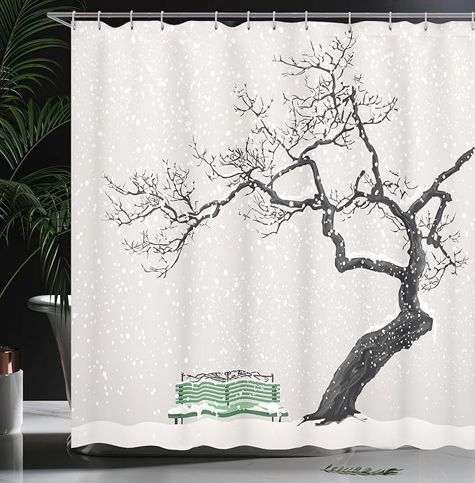 Ambesonne Tree Shower Curtain, Dramatic Winter Scenery with Retro Bench and Lonely Tree in a Cold Day, Cloth Fabric Bathroom Decor Set with Hooks, 69" W x 70" L, Charcoal Green