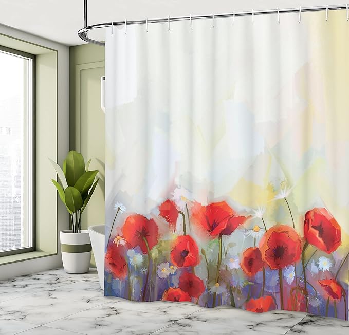 Ambesonne Watercolor Flower Shower Curtain, Poppies in Spring Meadow with Wildflowers Color Painting, Cloth Fabric Bathroom Decor Set with Hooks, 69" W x 75" L, Yellow Scarlet