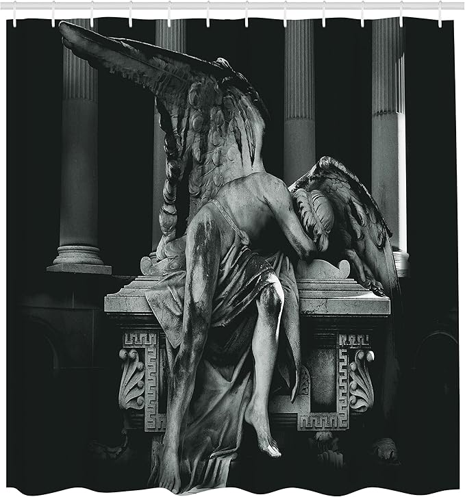Ambesonne Retro Shower Curtain, Angel Architecture Monuments Sadness Gothic Mysticism Theme Greek Artwork, Cloth Fabric Bathroom Decor Set with Hooks, 69" W x 75" L, Black Grey