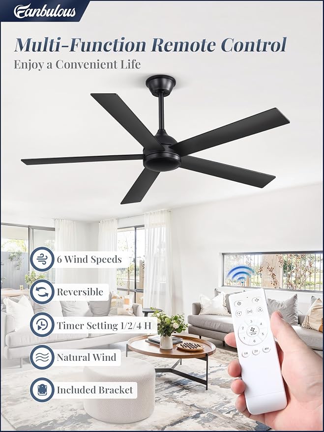 52 Inch Ceiling Fan no Light, Black Ceiling Fan with Remote, 6-Speeds, Quiet Reversible DC Motor, Small Ceiling Fans without Lights for Bedroom, Living Room, Patio, Indoor/Outdoor Use