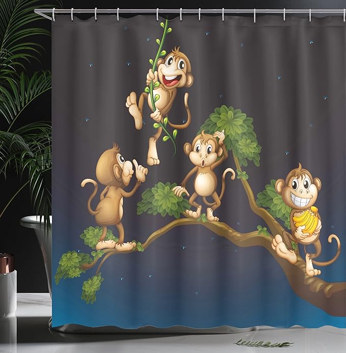 Ambesonne Nature Shower Curtain, Inspired by an Animal Theme Illustration of 4 Monkeys on The Tree Branch Monstera Style of Artwork, Cloth Fabric Bathroom Set with Hooks, 69" W x 70" L, Blue Caramel