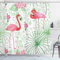 Ambesonne Nautical Shower Curtain, Pastel Colored Floral Pattern of Flamingo Botany Greenery Romantic Soft Tones Design Minimal, Cloth Fabric Bathroom Decor Set with Hooks, 69" W x 70" L, White Green