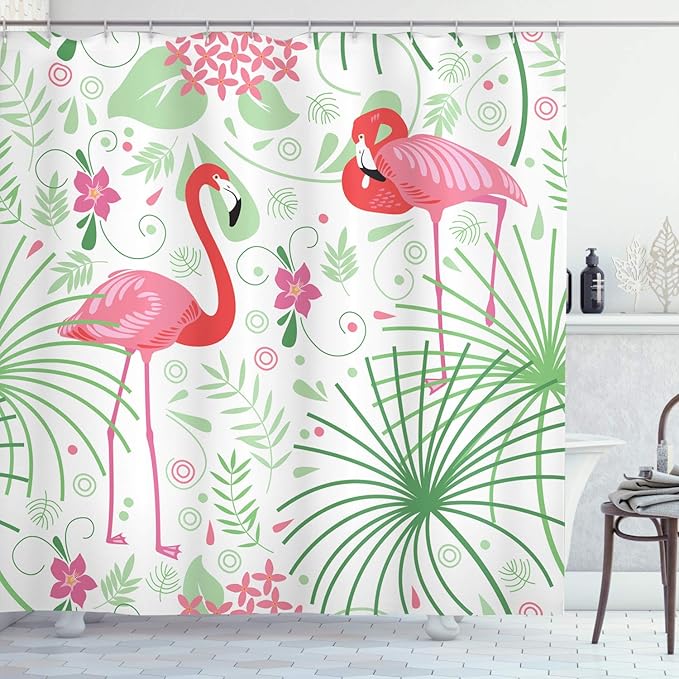 Ambesonne Nautical Shower Curtain, Pastel Colored Floral Pattern of Flamingo Botany Greenery Romantic Soft Tones Design Minimal, Cloth Fabric Bathroom Decor Set with Hooks, 69" W x 70" L, White Green