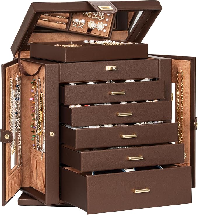 AKOZLIN 6-Tier Jewelry Box Organizer Functional 5 Drawers Leather Jewelry Storage Case for Women Girls Ring Necklace Earring Bracelet Holder Organizer with Mirror XL Brown 360° Rotating