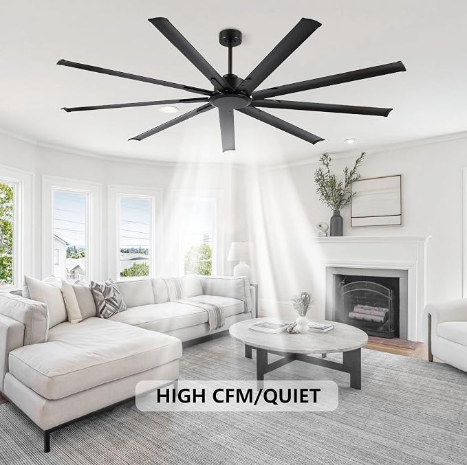 WINGBO Black Industrial Ceiling Fan No Light 84", 9 Aluminum Blades, 6 Speed Remote Control, Reversible DC Motor, for Home and Commercial Use, Living Room/Shop/Warehouse