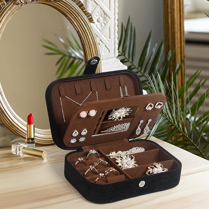 Hatori Travel Jewelry Box, PU Leather Small Jewelry Organizer for Women Girls, Double Layer Portable Mini Travel Case Display Storage Holder Boxes for Stud Earrings, Rings (Black Mirror)