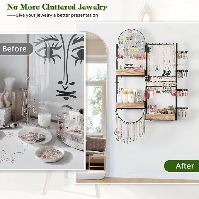 Keebofly Large Jewelry Organizer - Big Wall Mount Hanging Jewelry Holder Display for Earrings, Rings, Necklaces, Bracelets, Makeup, Perfume & Watches