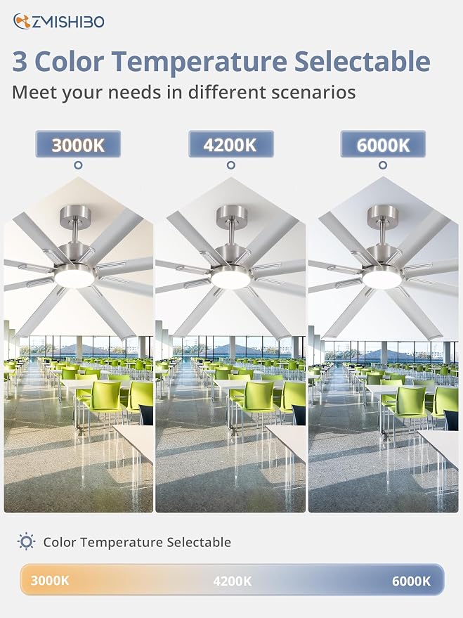 72" Industrial Ceiling Fans with Lights, Large Ceiling Fan with 3CCT, 8 Reverisble Aluminum Blades, Quiet DC Motor, 6-Speed Remote, Indoor/Outdoor Ceiling Fans for Patios/Garage/Porch, Nickel