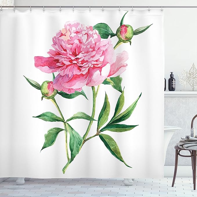 Ambesonne Watercolor Flower Shower Curtain, Vintage Peony Painting Botanical Spring Garden Flower Nature Theme, Cloth Fabric Bathroom Decor Set with Hooks, 69" W x 84" L, Pink White Green