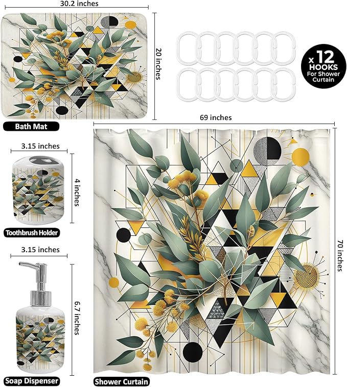 Ambesonne Eucalyptus Leaves Bathroom Decor Set 4 Pcs Including Shower Curtain with Hooks Bath Mat Soap Dispenser Toothbrush Holder in Box Essentials & Accessories, Blossomy Art, Green Black Mustard