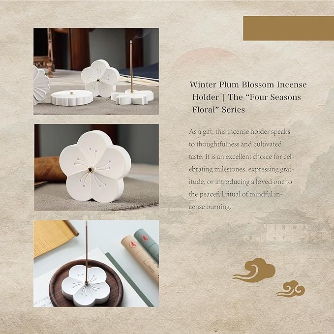 Incense Holder for Sticks with 0.3cm Holes - Plum Blossom Design Portable Ash Catcher & Burner for Desk, Office, Tea Room, The “Four Seasons Floral” Series