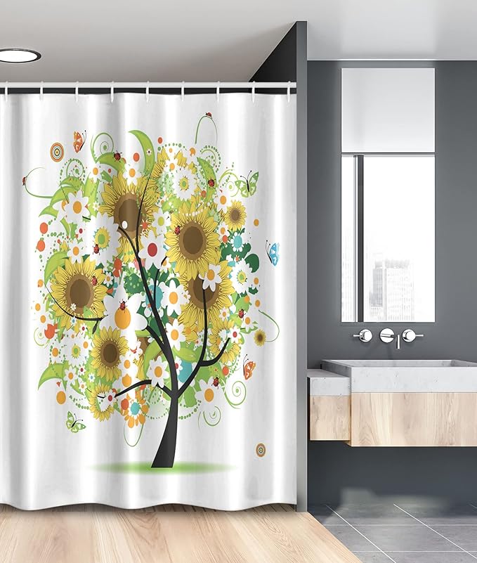 Ambesonne Sunflower Stall Shower Curtain, Floral Tree with Daisies Sunflowers Butterflies Ladybugs Spring Fantasy Joyful, Fabric Bathroom Decor Set with Hooks, 54" W x 78" L, Green Black