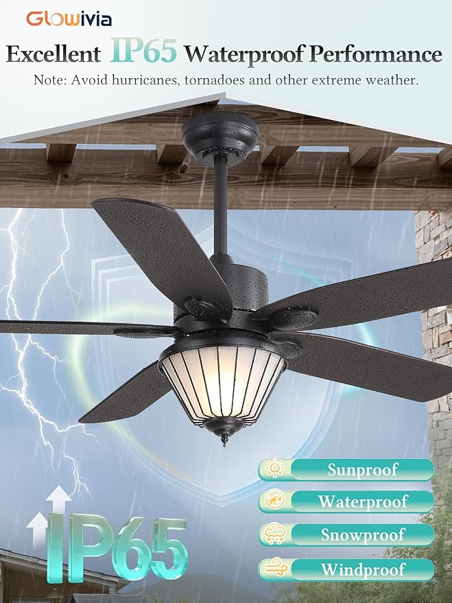 52 Inch Outdoor Ceiling Fans with Lights for Patios, IP65 Waterproof, Remote Control, 6-Speeds, Reversible DC Motor, 5 Dual Finish Blades, Wet-rated Ceiling Fan for Patio Gazebo Porch Pavilion (Black)