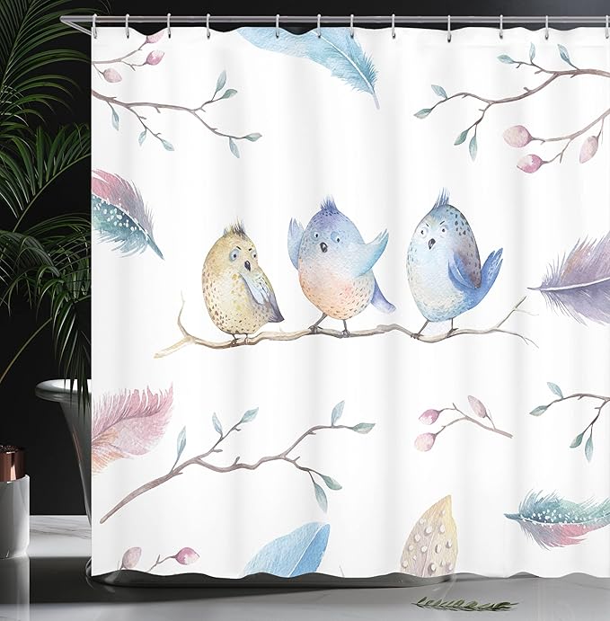 Ambesonne Animal Shower Curtain, Hand Drawn Birds Sitting on Branch Cartoon in Boho Style Watercolors Leaves Feathers, Cloth Fabric Bathroom Decor Set with Hooks, 69" W x 75" L, Blue White