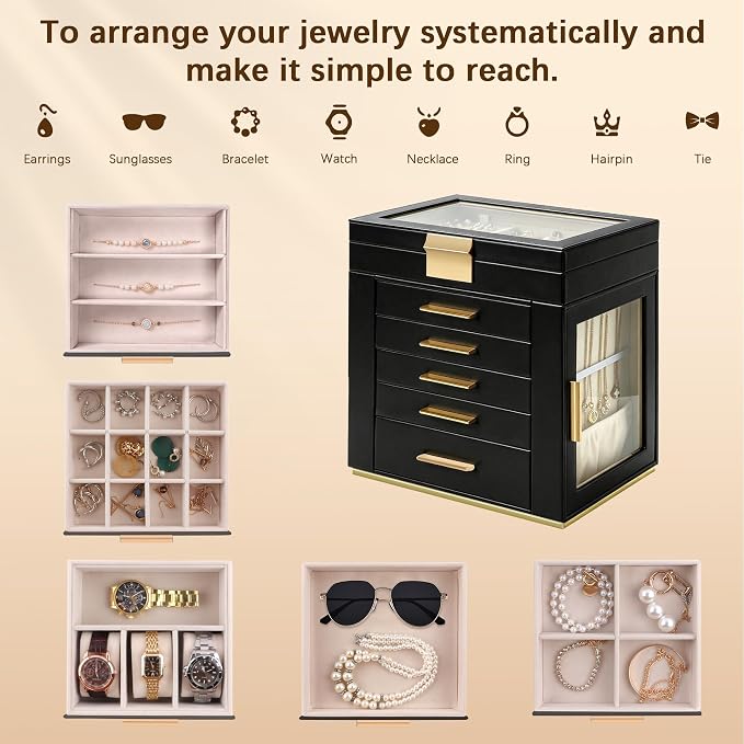 Homeanda 6-Layer Jewelry Boxes for Women, Large PU Leather Storage Organizer with 5 Drawers Glass Lid Case for Rings Necklaces Earrings Bracelets Watches, Gift for Wife and Girls (Black)