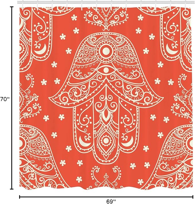 Ambesonne Hamsa Shower Curtain, Egyptian Boho Hamsa Hand Pattern with Eye Design Bridal Night Inspired Art, Cloth Fabric Bathroom Decor Set with Hooks, 69" W x 70" L, White Coral