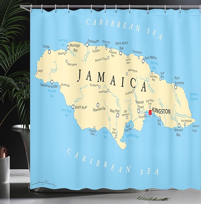 Ambesonne Jamaican Shower Curtain, Map of Jamaica Kingston Caribbean Sea Important Locations in Country, Cloth Fabric Bathroom Decor Set with Hooks, 69" W x 70" L, Pale Blue Beige Black