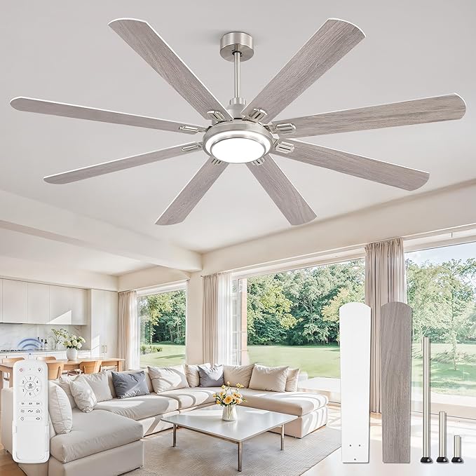 Fanbulous 72 Inch Ceiling Fans with Lights and Remote, Brushed Nickel Ceiling Fan with 8 Dual-Color Blades, Indoor/Outdoor Large Ceiling Fans, Reversible DC Motor, 6-Speed, 3CCT for Living Porch Patio