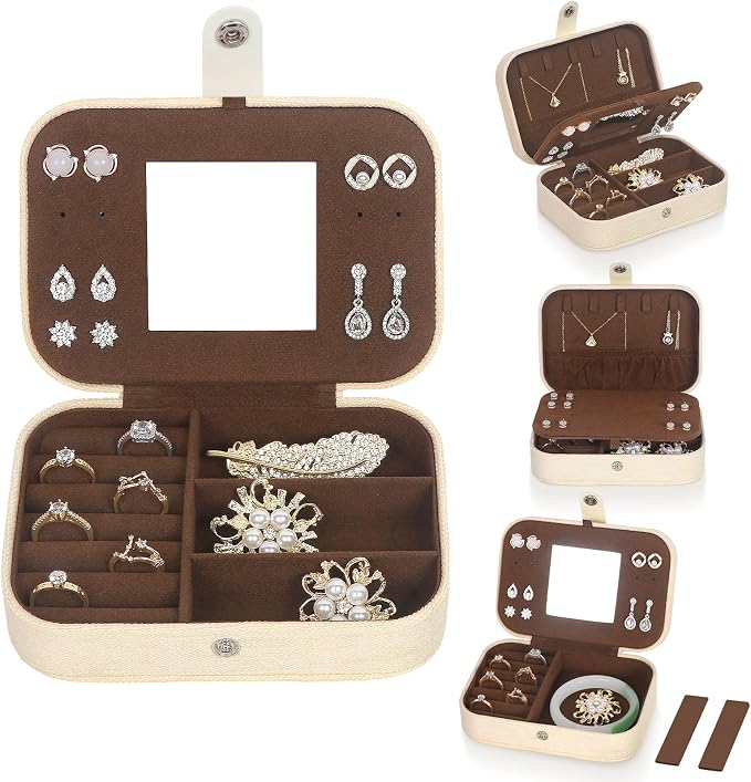 Hatori Travel Jewelry Box, PU Leather Small Jewelry Organizer for Women Girls, Double Layer Portable Mini Travel Case Display Storage Holder Boxes for Stud Earrings, Rings (White Mirror)
