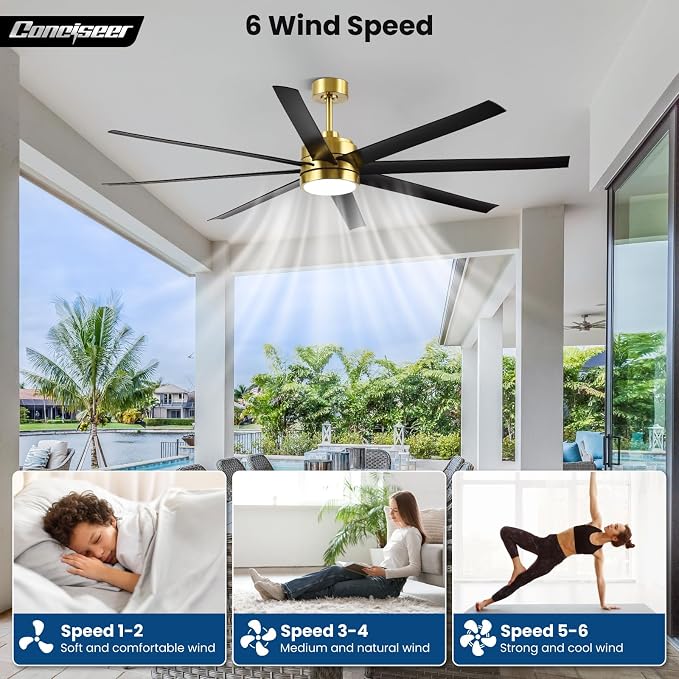Conciseer 72 Inch Ceiling Fans with Lights and Remote for Living Room Kitchen Library Cafe Outdoor/Industrial Use, 3CCT Dimmable, Dual Color 8 Blades 6 Speed Reversible Quiet DC Motor, Gold/Black