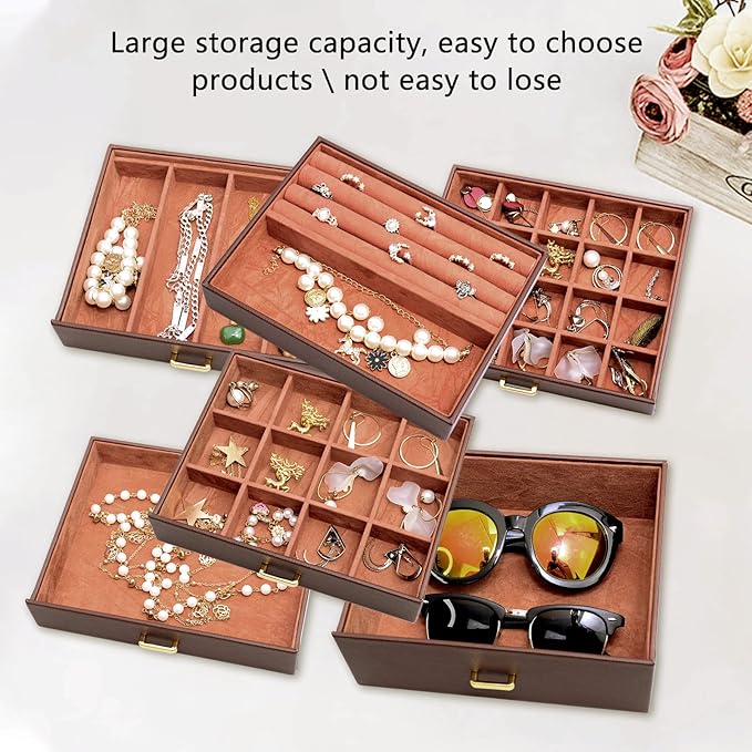 AKOZLIN 6-Tier Jewelry Box Organizer Functional 5 Drawers Leather Jewelry Storage Case for Women Girls Ring Necklace Earring Bracelet Holder Organizer with Mirror Extra Large Brown