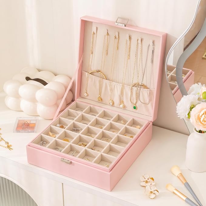 Frebeauty 50 Grid Earring Holder Organizer,2 Layer Jewelry Box for Women | Faux Leather,Velvet Lining,Adjustable Divider,Jewelry Organizer for Ring Necklace and Bracelet,for Home Use and Jewelry Store