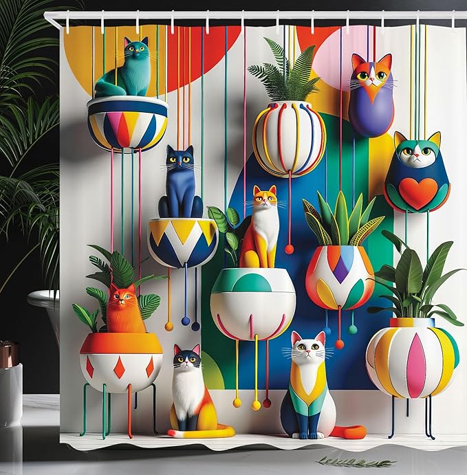 Ambesonne Botanical Shower Curtain, Contemporary Illustration of Colorful Jumble Cats and Urban Jungle Leaves Modern, Cloth Fabric Bathroom Decor Set with Hooks, 69" W x 84" L, Multicolor