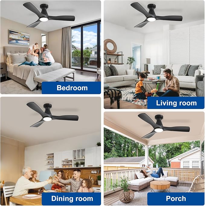 Depuley 42-Inch Ceiling Fans with Lights: Black 3 Blade Flush Mount Low Profile Ceiling Fan for Bedroom - Dimmable Indoor Outdoor Fan with Remote Control Ultra Quiet DC Motor Timer