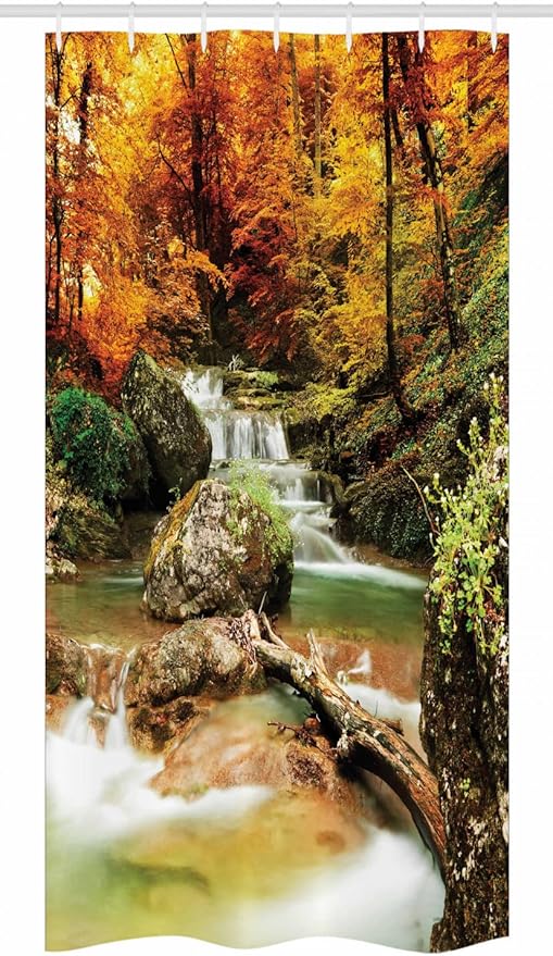 Ambesonne Waterfall Stall Shower Curtain, Autumn Seasonal Woodland Creek Trees Foliage Rocks in Forest Image, Fabric Bathroom Decor Set with Hooks, 36" W x 72" L, Coffee Orange