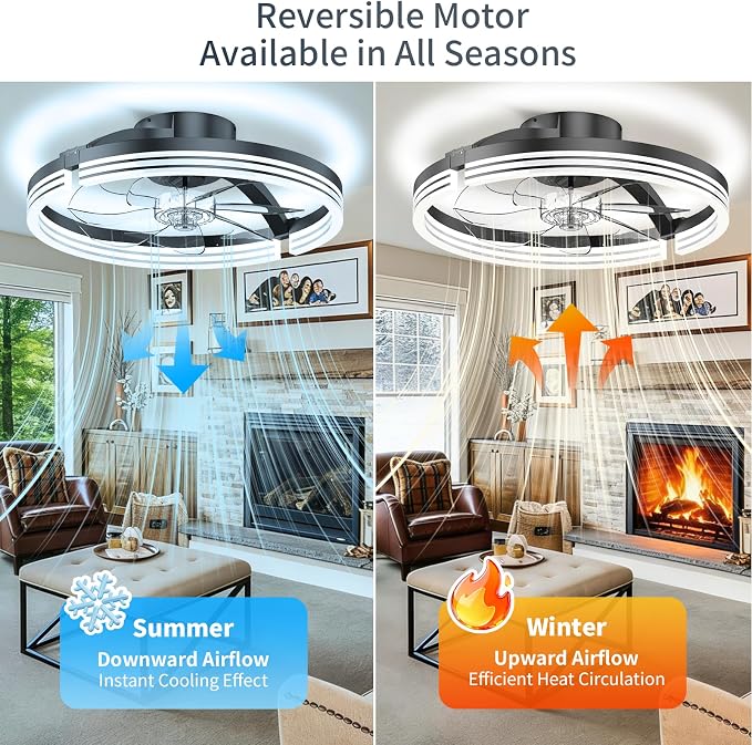 Ceiling Fans with Lights and Remote, 20" Low Profile Flush Mount Ceiling Fan, 3000-6500K Dimmable LED Fandelier, 6 Quiet Speeds for Bedroom